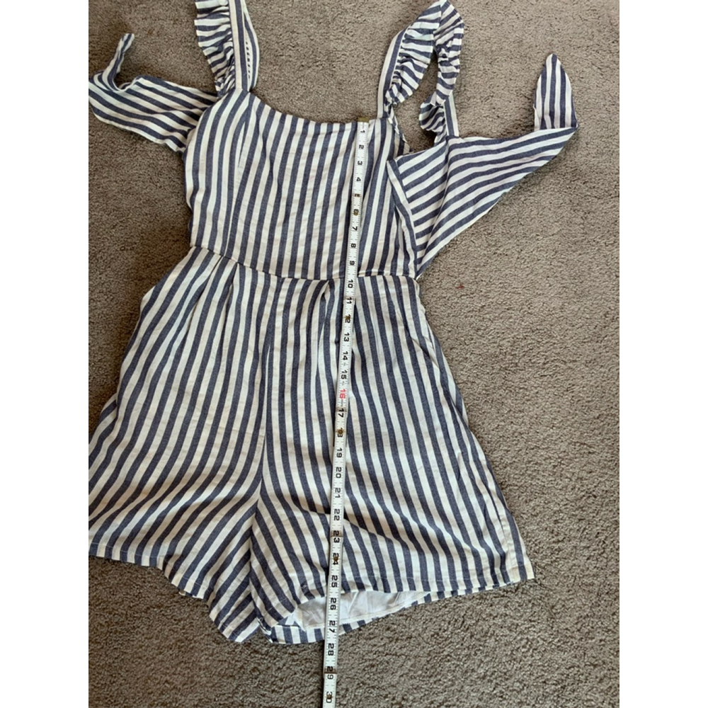 Women's Striped Romper Romper Size 6 Blue/White Ruffles Fitted Waist Cottagecore - Picture 5 of 16